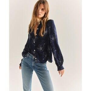Cartolina Womens Dolly Primrose Navy Blue Floral Silk Top Blouse Sz S NWT